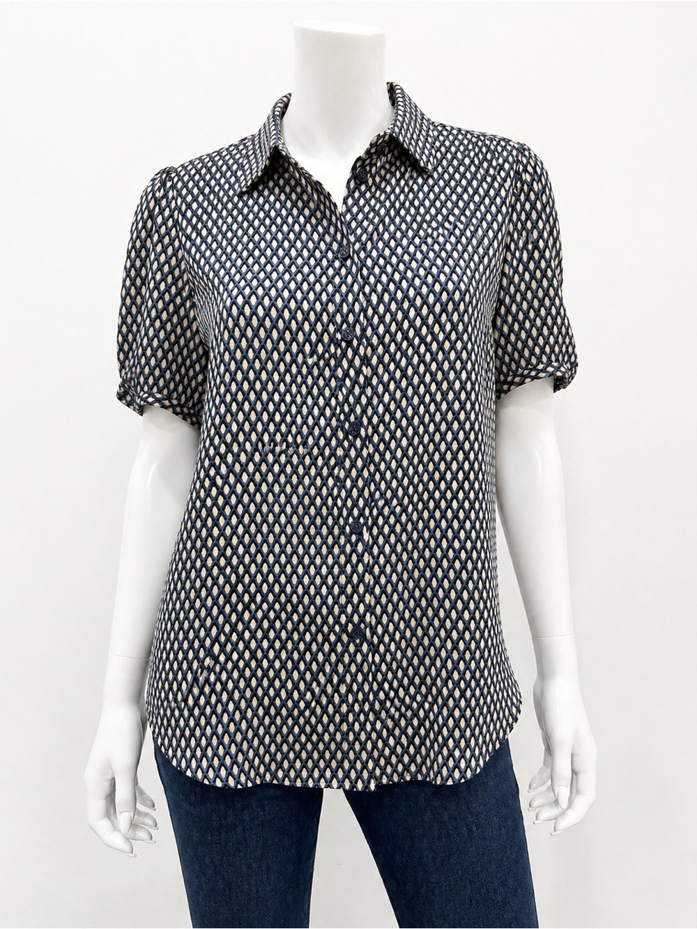 Adrianna Papell Blouse L Navy Beige Geometric Button Front Shirt